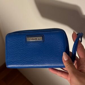 Calvin Klein Wristlet Cobalt Blue Zip-Around Leather Clutch Silver Accent Wallet